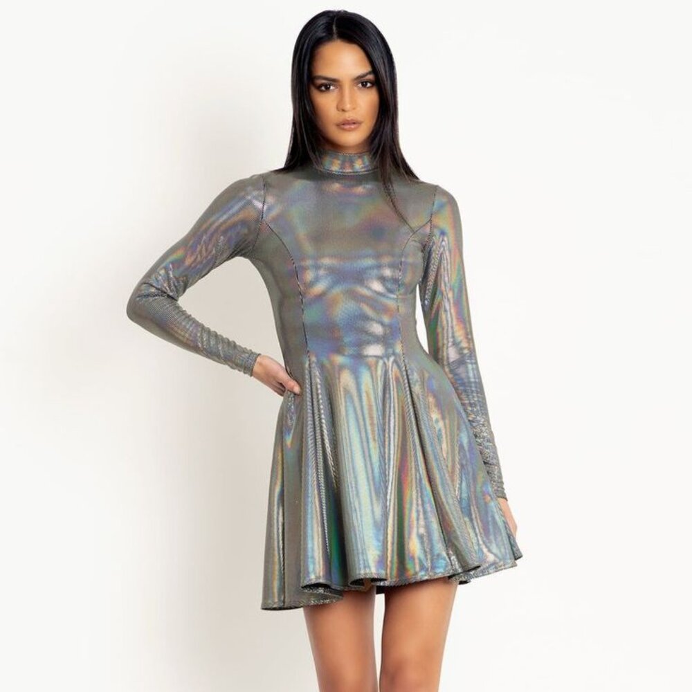 Blackmilk Holo Dot Long Sleeve Evil Mini Skater Dress Medium (NWOT)